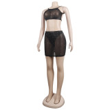Sexy See-Through Beaded Sling Two-Piece Nightclub Skirt Set