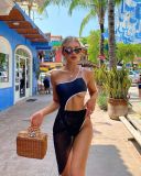 Sexy One shoulder Cutout One Piece Swimwear Women's Solid Color Mesh Skirt Two Piece Swimsuit
