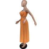 Women Split Solid  Slash Shoulder Pocket Dress