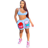 Women's Fashion Casual Skull Print Sports Two Piece Shorts Set with Pockets