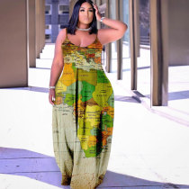 Vestido de talla grande con estampado suelto y tirantes sexy