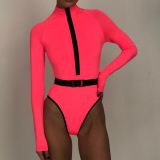 Fluorescent Solid Color Long Sleeve Ladies One Piece Swimsuit