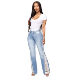 Women's Spring Summer Casual Pants Light Blue Plus Size Flare Ripped Denim Pants