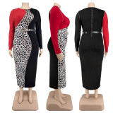 Plus Size Women's Leopard patckwork Long Sleeve Slim Winter Belted Dress