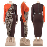 Plus Size Women's Leopard patckwork Long Sleeve Slim Winter Belted Dress