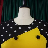 Women Spring Yellow Formal O-Neck Full Sleeves Dot Print Pencil Midi Dress