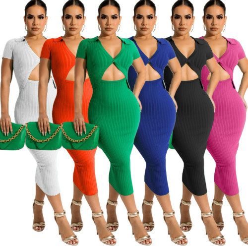Spring Summer Women's Maxi Knitting Dress Turndown Collar Short Sleeve Tight Fitting Bodycon