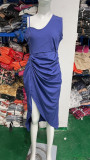 Women Summer Blue Modest Slash Neck Sleeveless Solid Slit Pleated Midi Dress