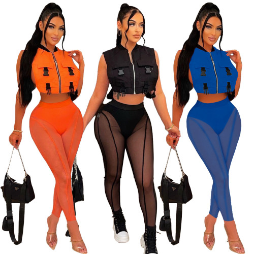 Women's Spring/Summer Vest Style Breasted + Mesh Career Two-piece Set