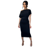 Women's Solid Pleated Slash Shoulder Slim Dress