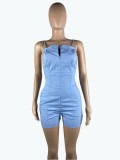 Sexy Zipper Hollow Denim Lace-Up Sleeveless Washed Jumpsuit (with Pockets)