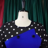 Women Spring Blue Formal O-Neck Full Sleeves Dot Print Pencil Midi Dress