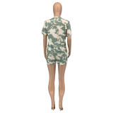Women Summer Green Casual O-Neck Short Sleeves High Waist Printed Regular Two Piece Shorts Set