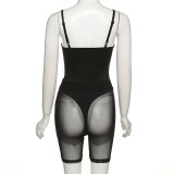 Fall Women's Sexy Low Cut Tight Fitting Suspender One Piece Mesh Shorts Set