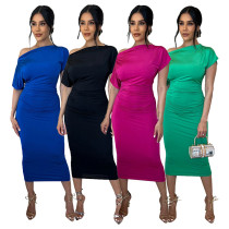 Schlankes Kleid mit festem, plissiertem Slash-Shoulder-Design für Damen