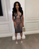 mesh See-Through sexy printed two-piece dress