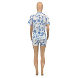 Women Summer Blue Casual O-Neck Short Sleeves High Waist Printed Regular Two Piece Shorts Set