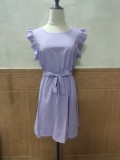 Women Summer Purple Cute O-Neck Short Sleeves Solid Belted Knee-Length Loose Shirt Dress