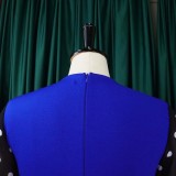 Women Spring Blue Formal O-Neck Full Sleeves Dot Print Pencil Midi Dress
