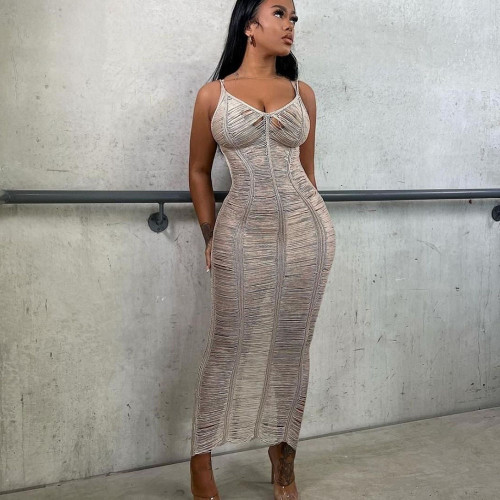 Summer Sexy Slim Straps Woolen Cutout Long Dress