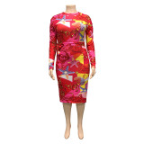 Plus Size Women Print  Zipper Front And Back Two-Side Dressed Wear Bodycon Dress