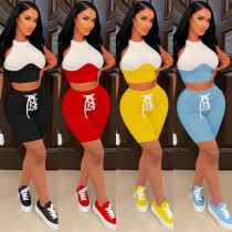 Sommer Sexy Solid Colorblock Gestrickte Crop Top Shorts Zweiteiliges Set