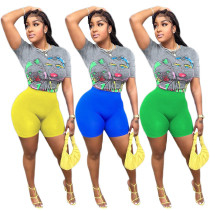 Women Casual Print Top + Shorts Two Piece Set