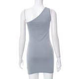 Summer Solid One-Shoulder Sleeveless Backless Asymmetric Fringed Dress
