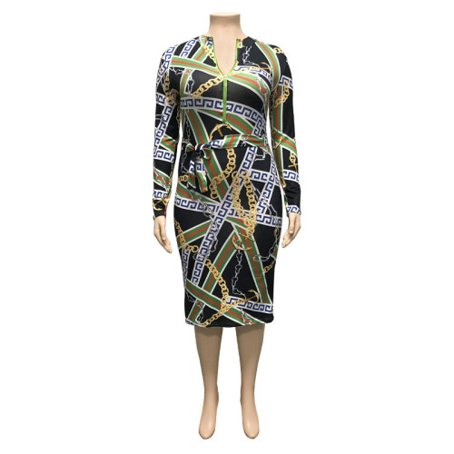 Wholesale Plus Size Women Print Zipper Front And Back Two-Side Dressed Wear  Bodycon Dress