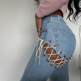 Women Summer Sexy Lace-Up Washed Straight Jeans