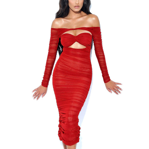 Summer Women Sexy Mesh Hollow Out See Through Pleated Off-Shoulder Bodycon Dress