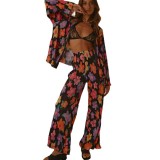Women Spring Flower Print Long Sleeve Lapel Shirt And Pant Two Piece Set