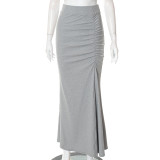 Women Summer High Waist Pleated Slim Fishtail Bodycon Dress