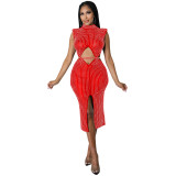 Women Fashion Sexy Mesh See Through Hot Drill Hollow Out Slit Dress