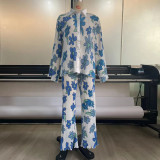 Camicia da donna con risvolto a maniche lunghe con stampa floreale primaverile e pantalone a due pezzi