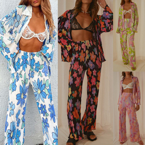 Women Spring Flower Print Long Sleeve Lapel Shirt And Pant Two Piece Set