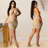 Women Solid Rhinestone Mesh One-Shoulder Hollow Out Bodycon Dress