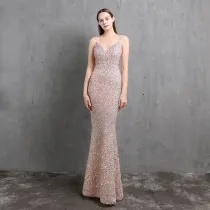 Women Heavy Crafts Colorful Sequins Long Party Evening Dress
