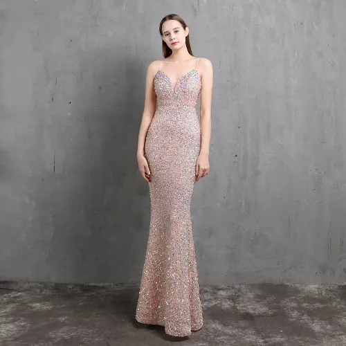 Women Heavy Crafts Colorful Sequins Long Party Evening Dress