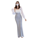 Women Summer High Waist Pleated Slim Fishtail Bodycon Dress