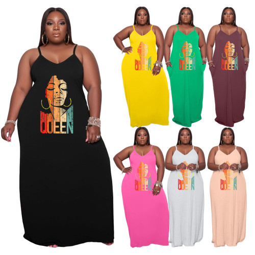 Plus Size Women Casual Straps Loose Sleeveless Queen printed Dress