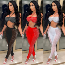 Fashion Sexy Tube Top Backless Hot Drill Crop Top and Pant Mesh See Through Two-Piece Set