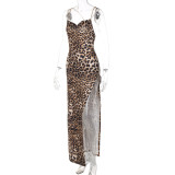 Vestido a media pierna con tirantes de cadena sin espalda con estampado de leopardo a la moda de primavera para mujer