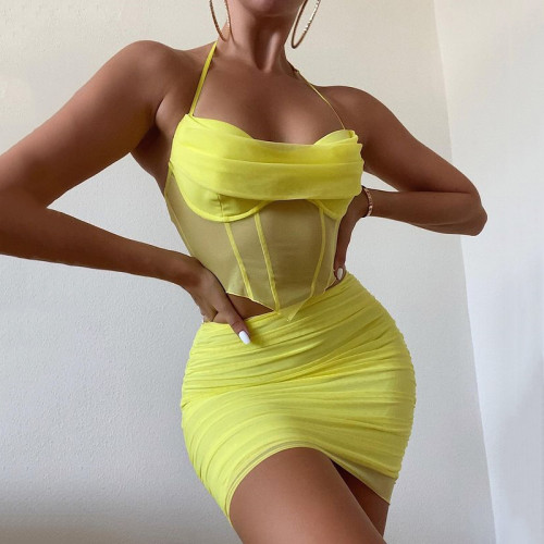 Women Mesh Halterneck Backless Top And Skirt Two-Piece Set