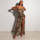Women Spring Fashion Leopard Print Backless Chain Straps Midi Dress