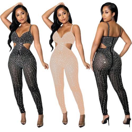 Fashion Sexy Mesh See Through Hot Drill Sleeveless Straps Jumpsuit