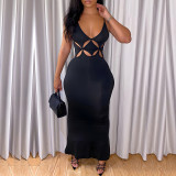 Women Sexy Hollow Out Straps Black Casual Long Dress
