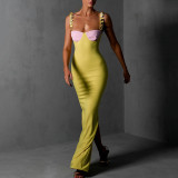 Women's Contrast Color Low Cut High Slit Long Dress Irregular Low Back Tight Fitting Plunging Strap Dress