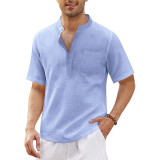 T-shirt da spiaggia da uomo a maniche corte con tasca casual in lino