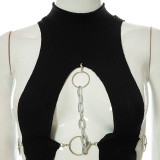 Fashion Women Spring Solid Sexy Round Neck Sleeveless Ring Crop Top